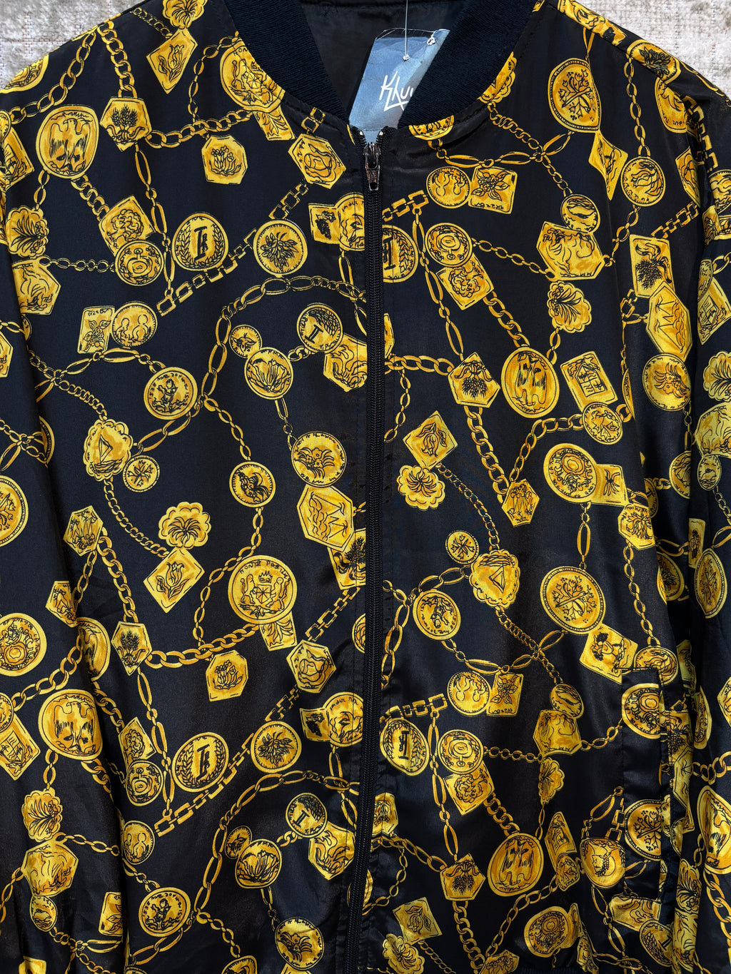Vintage Black Bomber Jacket With Gold Chain
