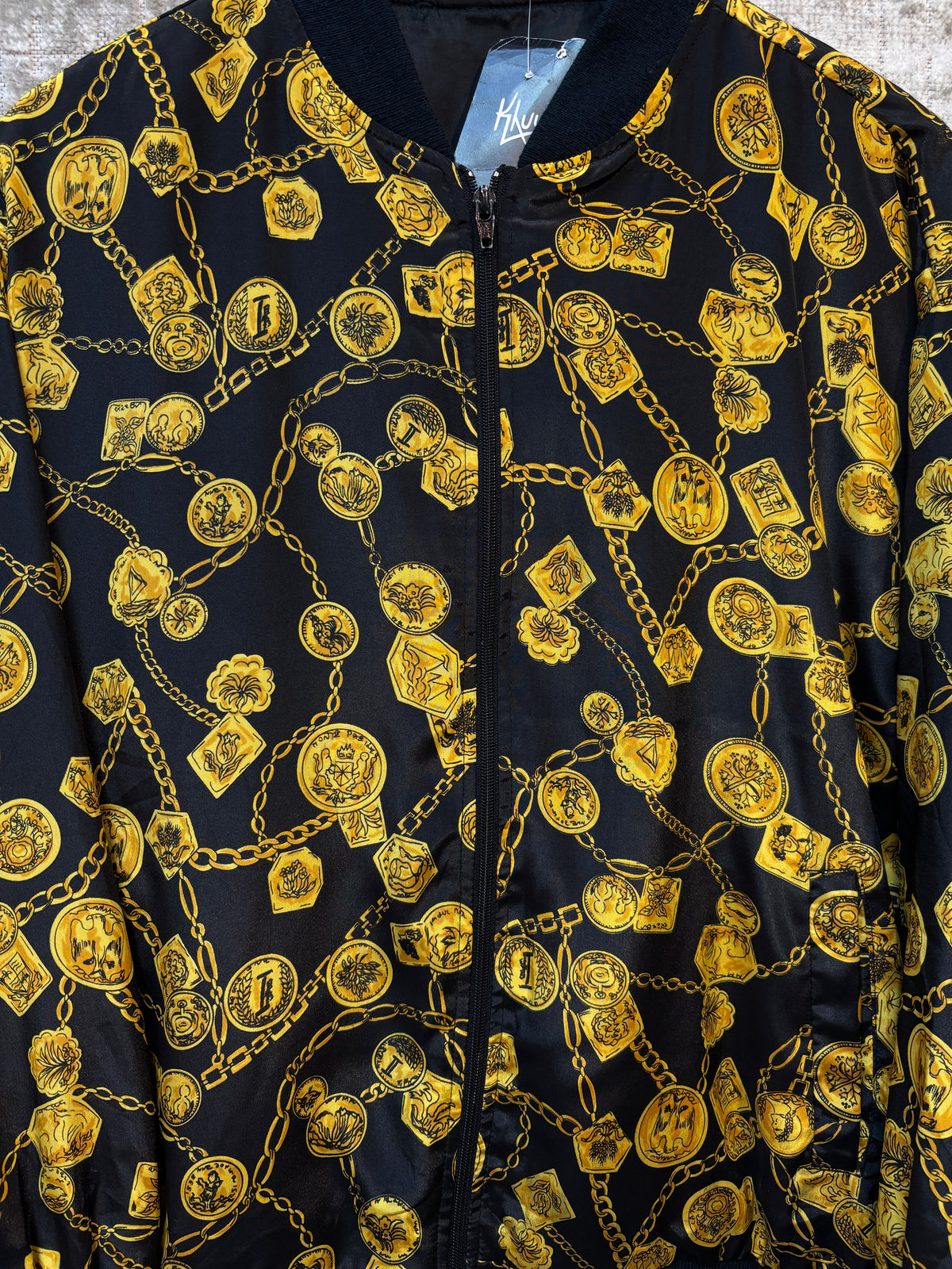 Vintage Black Bomber Jacket With Gold Chain