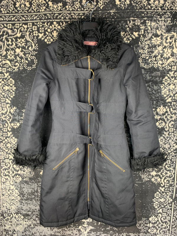 Women's Y2K Style Black Coat with Faux Fur Trim