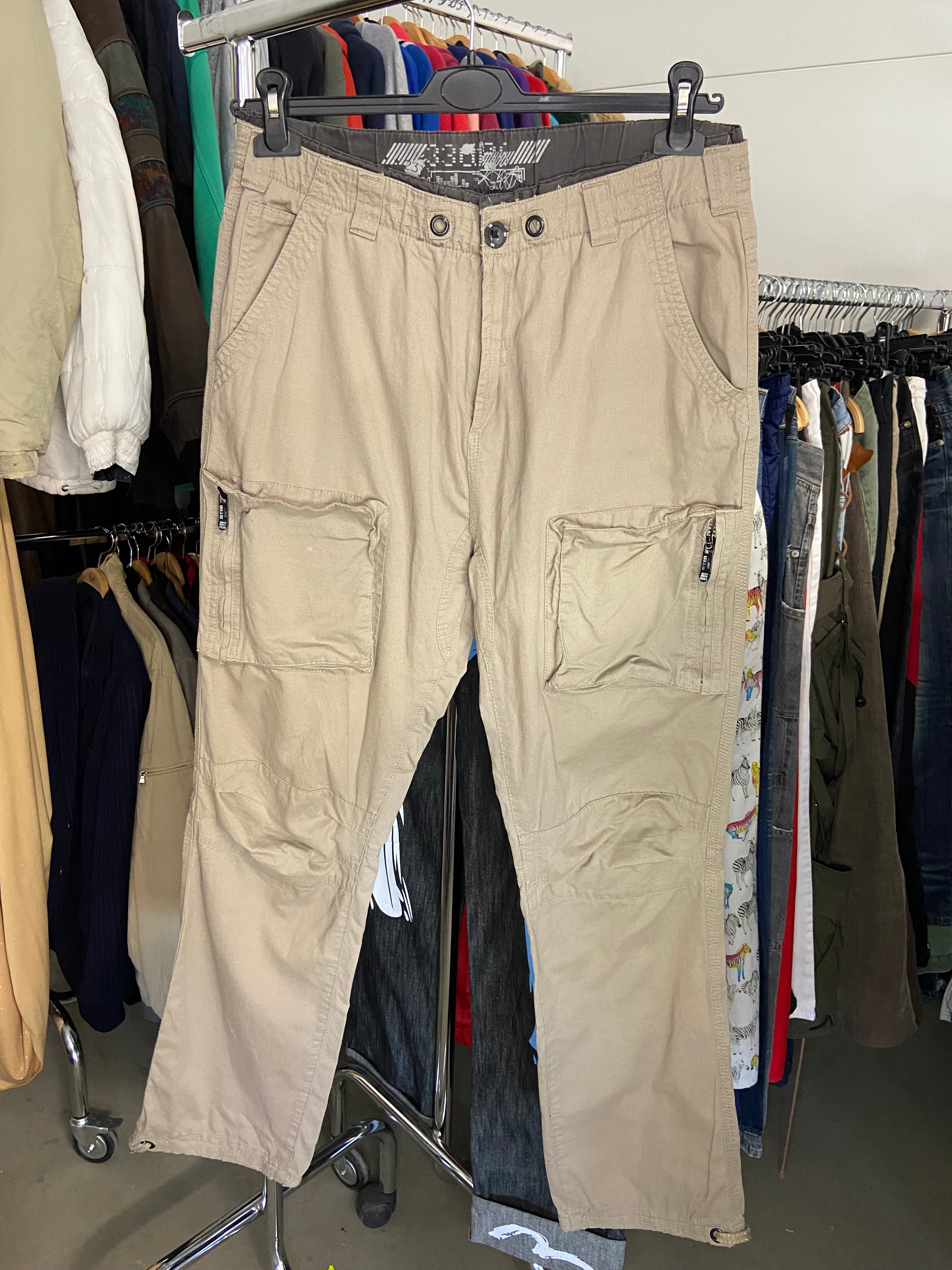 Vintage Cargo Pants Beige Multi Pocket Mens L Cotton Zipper