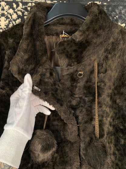 Vintage Dark Brown Sheared Fur Coat With Pom-Pom Drawstrings