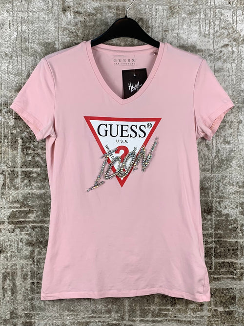 Womens Y2K Guess Icon Pink Rhinestone T Shirt