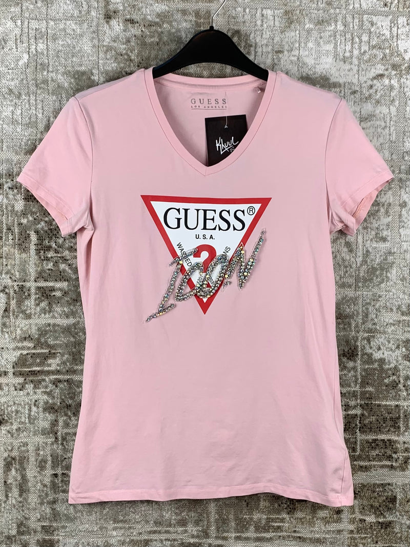 Womens Y2K Guess Icon Pink Rhinestone T Shirt