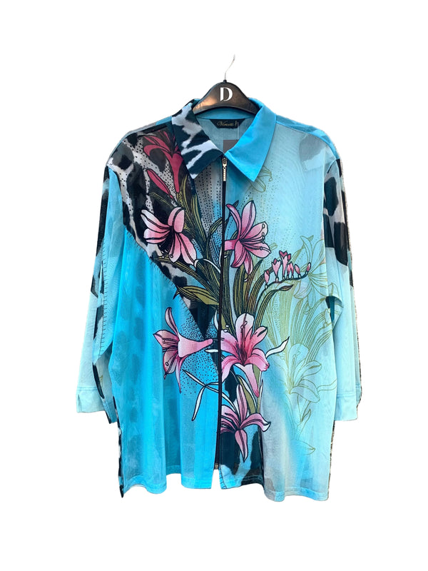 Vercotti Floral & Animal Print Mesh Zip Shirt