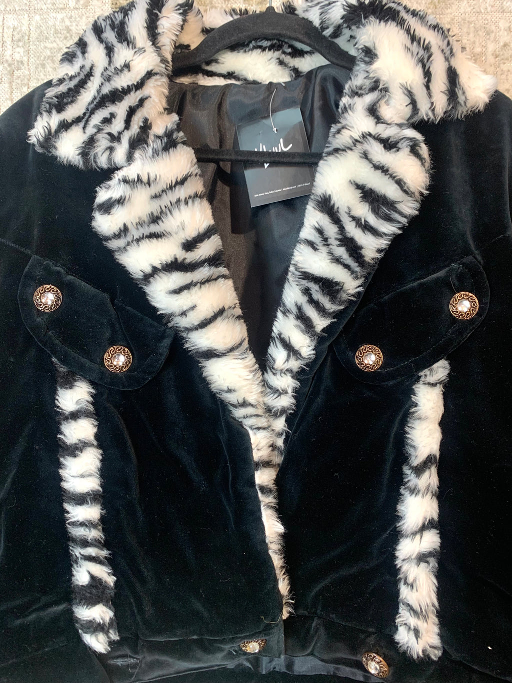 Vintage Velvet Zebra Faux Fur Trim Jacket