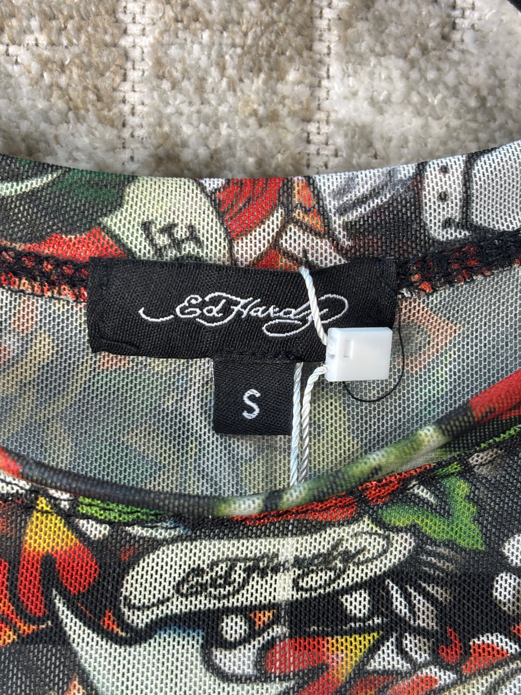 Ed Hardy Tattoo Print Mesh Long Sleeve Top