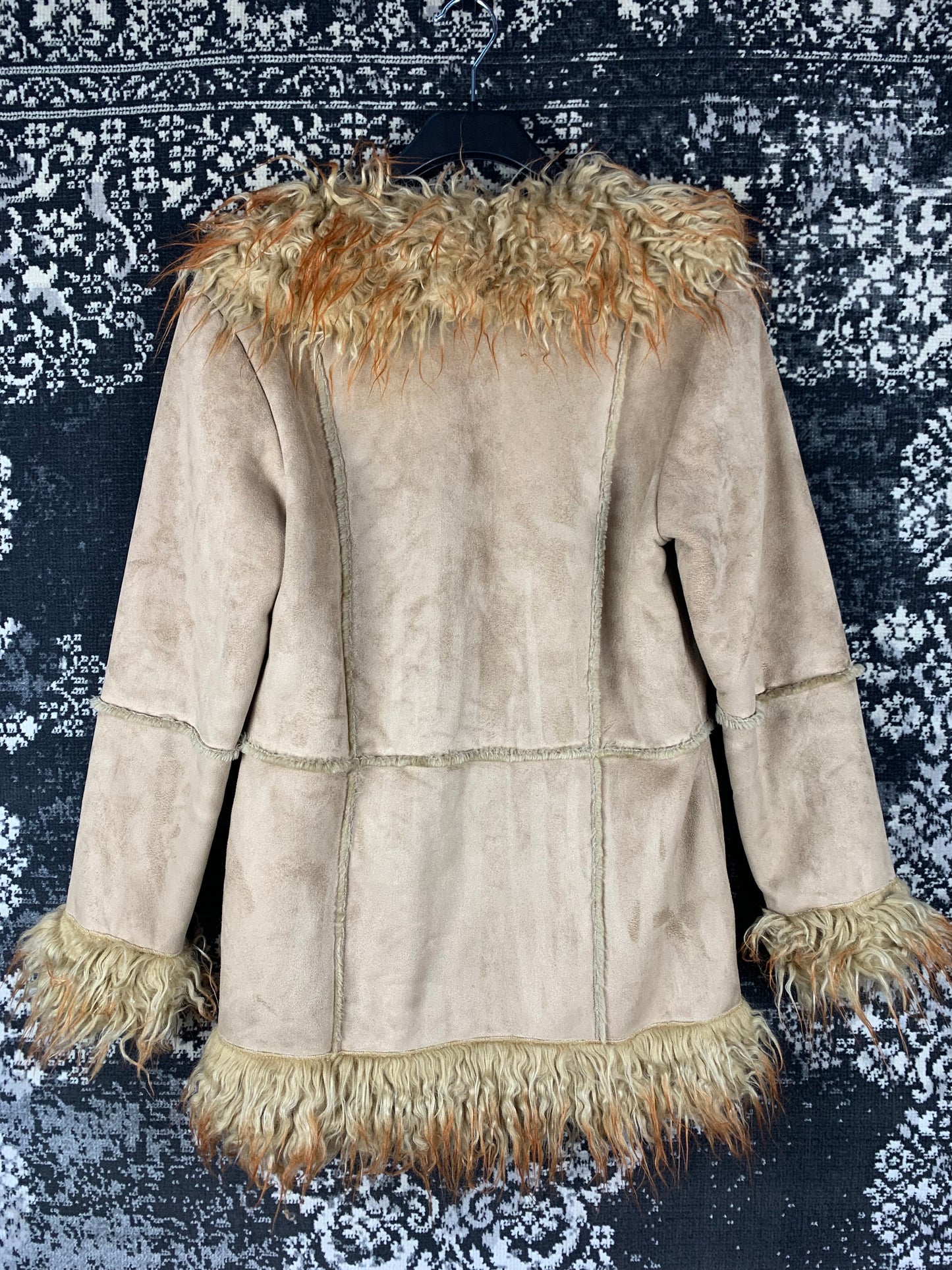 Womens Y2K Beige Suede Coat With Long Faux Fur Trim