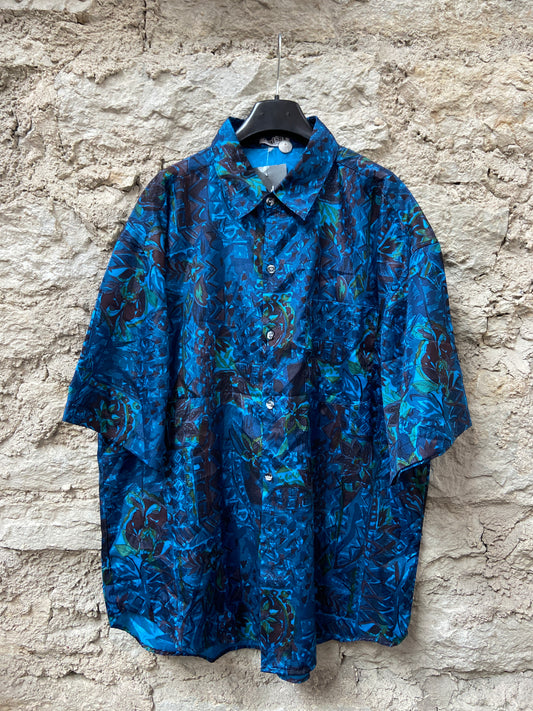 Blue printed THAI SILK short sleeve shirt