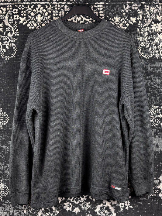 Mens Y2K Diesel Dark Grey Ribbed Knit Sweater