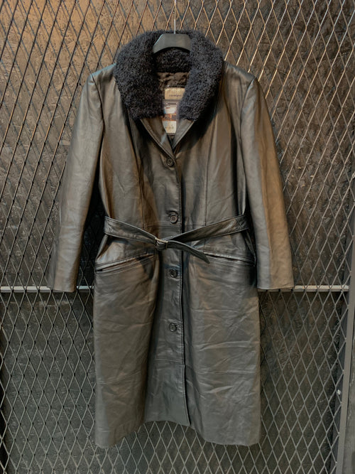 Conbipel Long Black Genuine Leather Coat with Shearling Collar and Belt