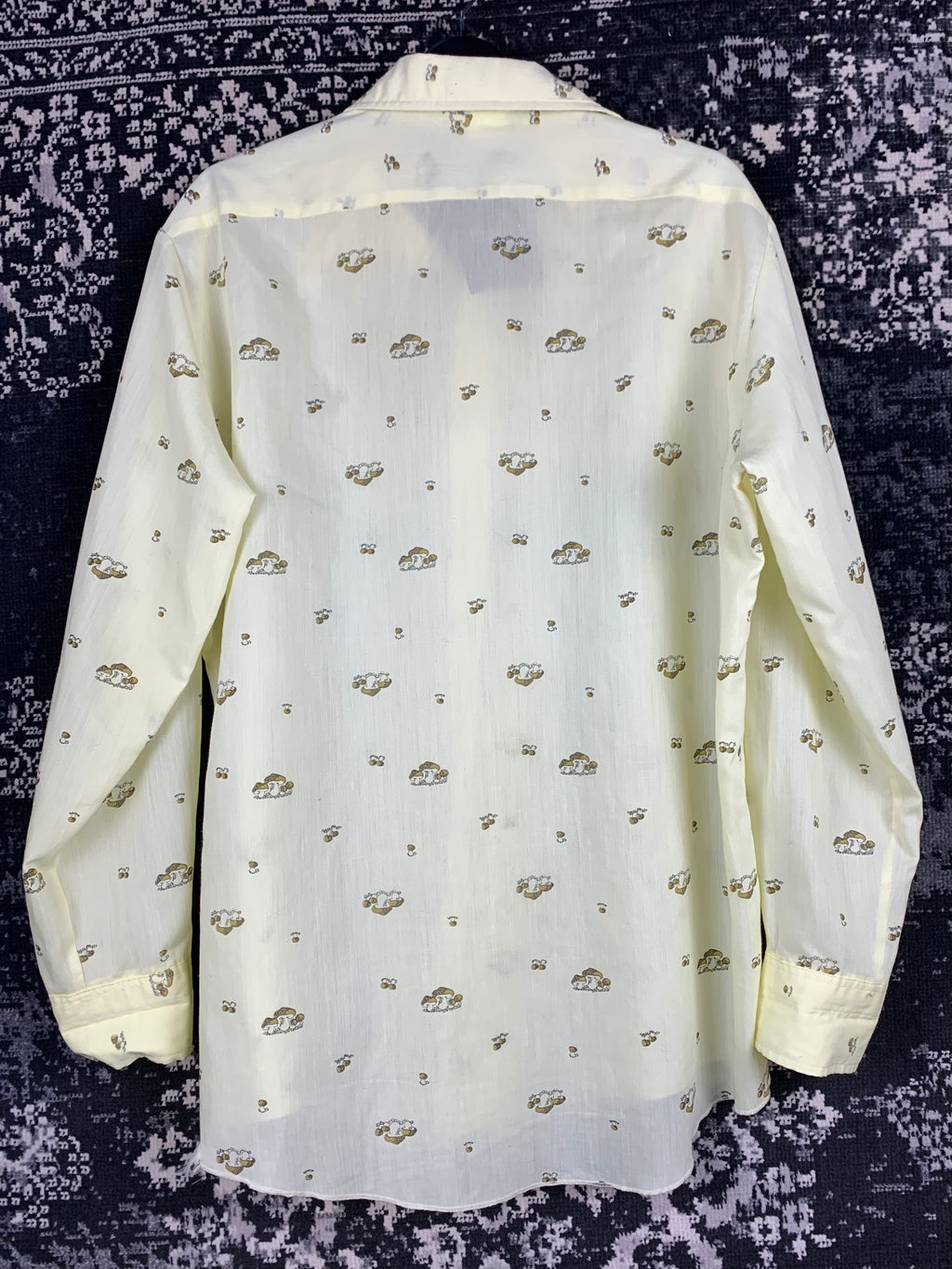 Womens Vintage 70s Butter Yellow Mushroom Print Longsleeve Shirt