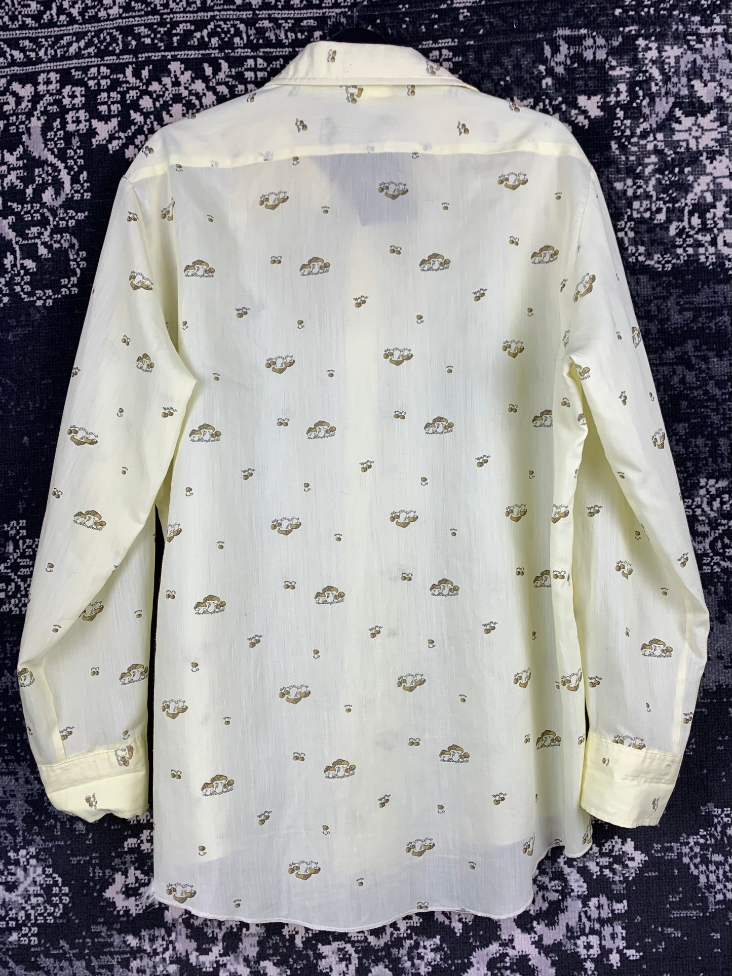Womens Vintage 70s Butter Yellow Mushroom Print Longsleeve Shirt