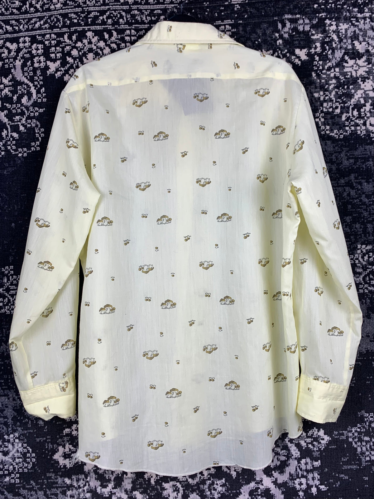 Womens Vintage 70s Butter Yellow Mushroom Print Longsleeve Shirt