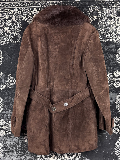 Unisex Vintage Dark Brown Suede Coat with Faux Fur Trim