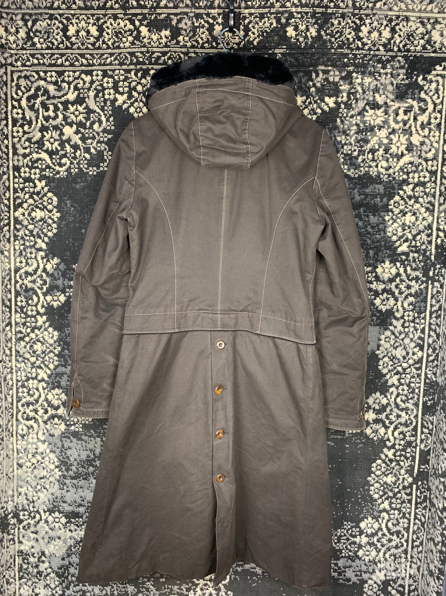 Y2K Style Brown Long Utility Coat for Women with Faux Fur Hood