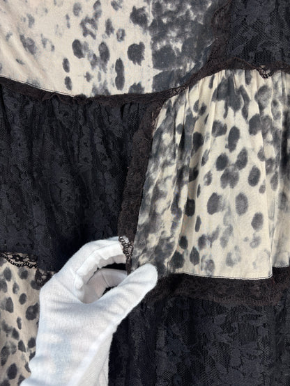 Womens Y2K Black Grey Leopard Print Lace Midi Skirt
