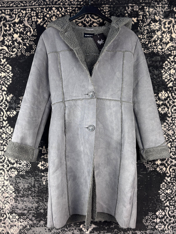Women's Vintage Y2K Gray Faux Suede Hooded Long Coat