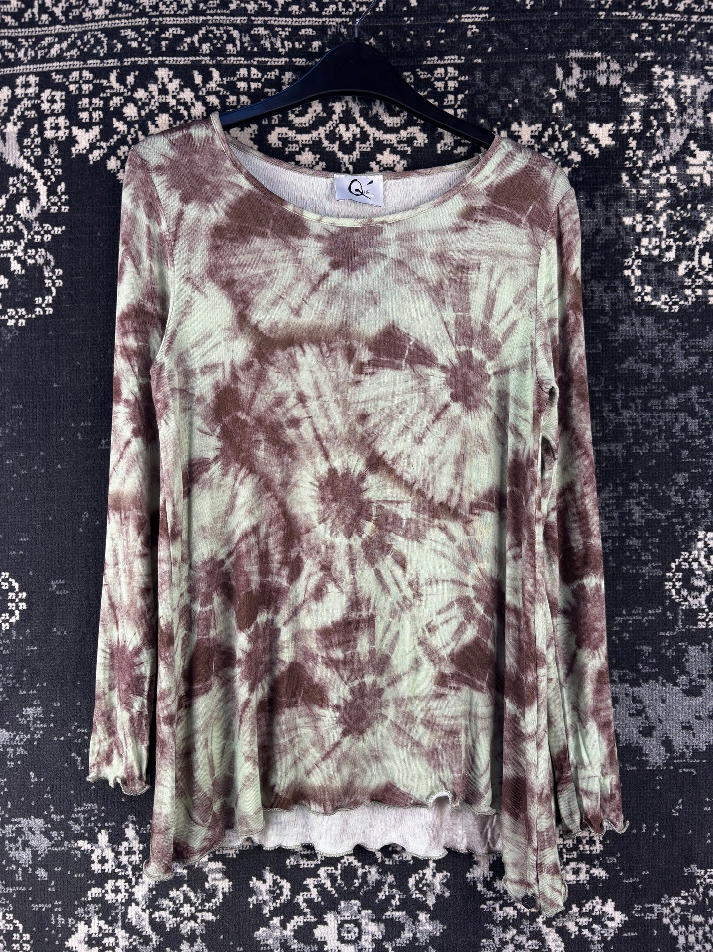 Womens Vintage Green Brown Tie Dye Long Sleeve Shirt