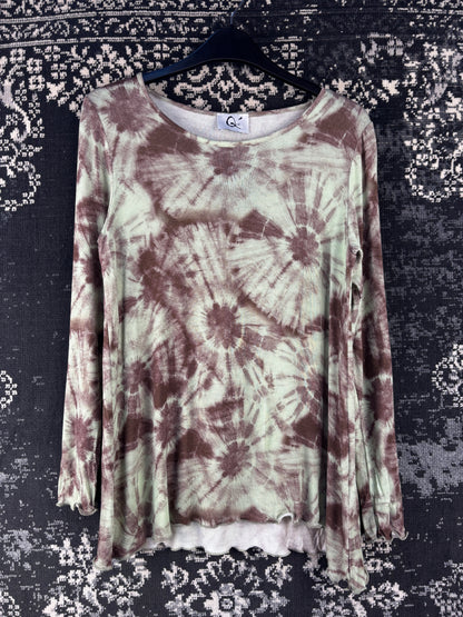 Womens Vintage Green Brown Tie Dye Long Sleeve Shirt