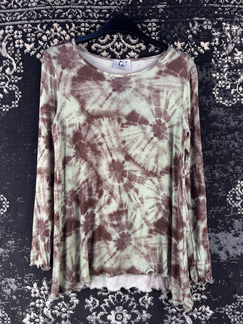 Womens Vintage Green Brown Tie Dye Long Sleeve Shirt