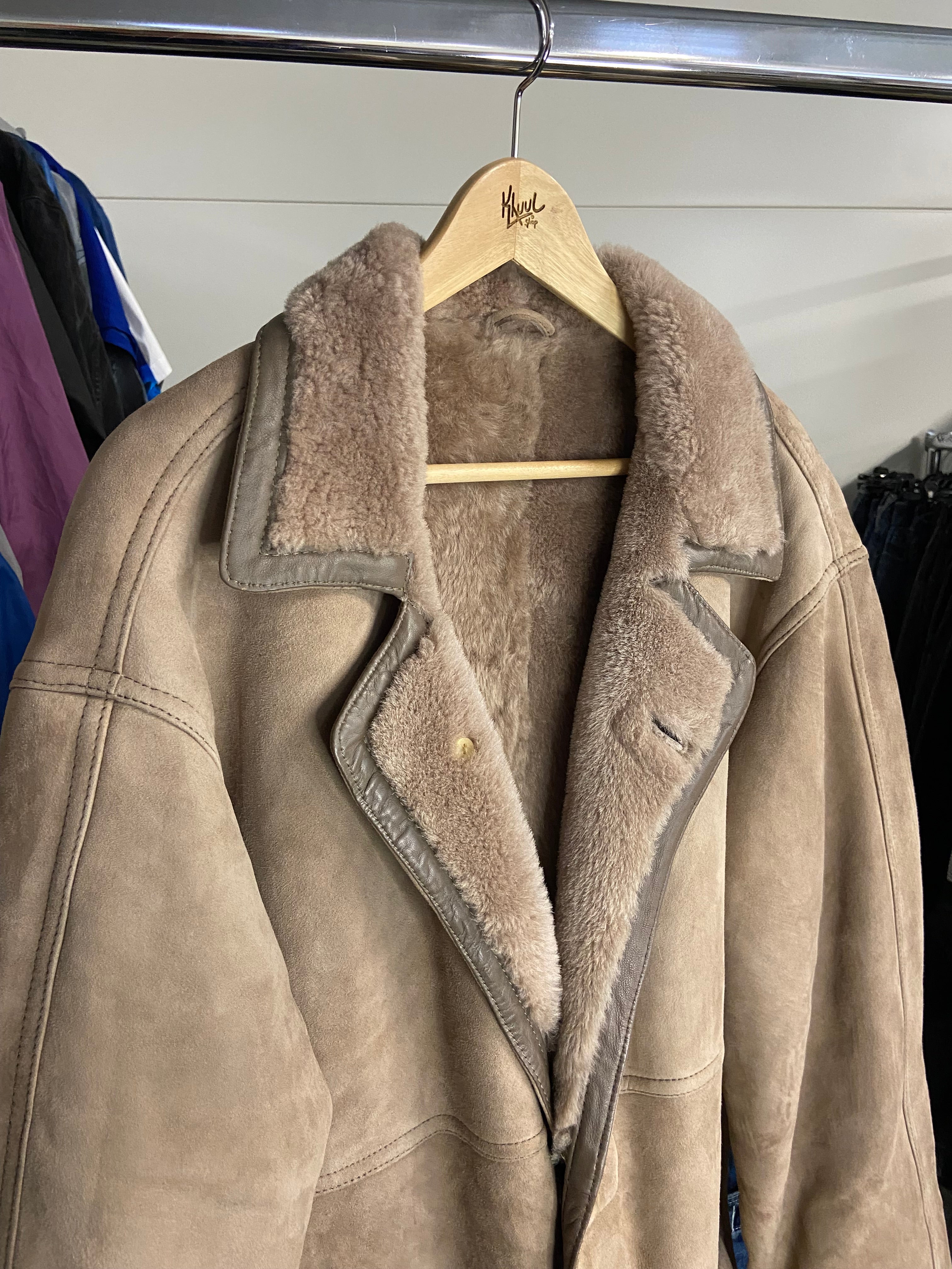 Vintage Shearling Sheepskin Beige Long Coat XL Mens Buttoned