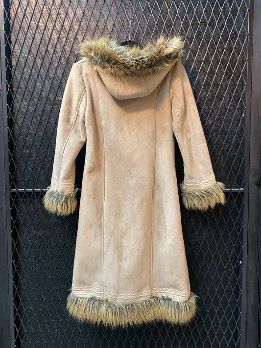 Vintage Beige Faux Suede Fur Trim Coat