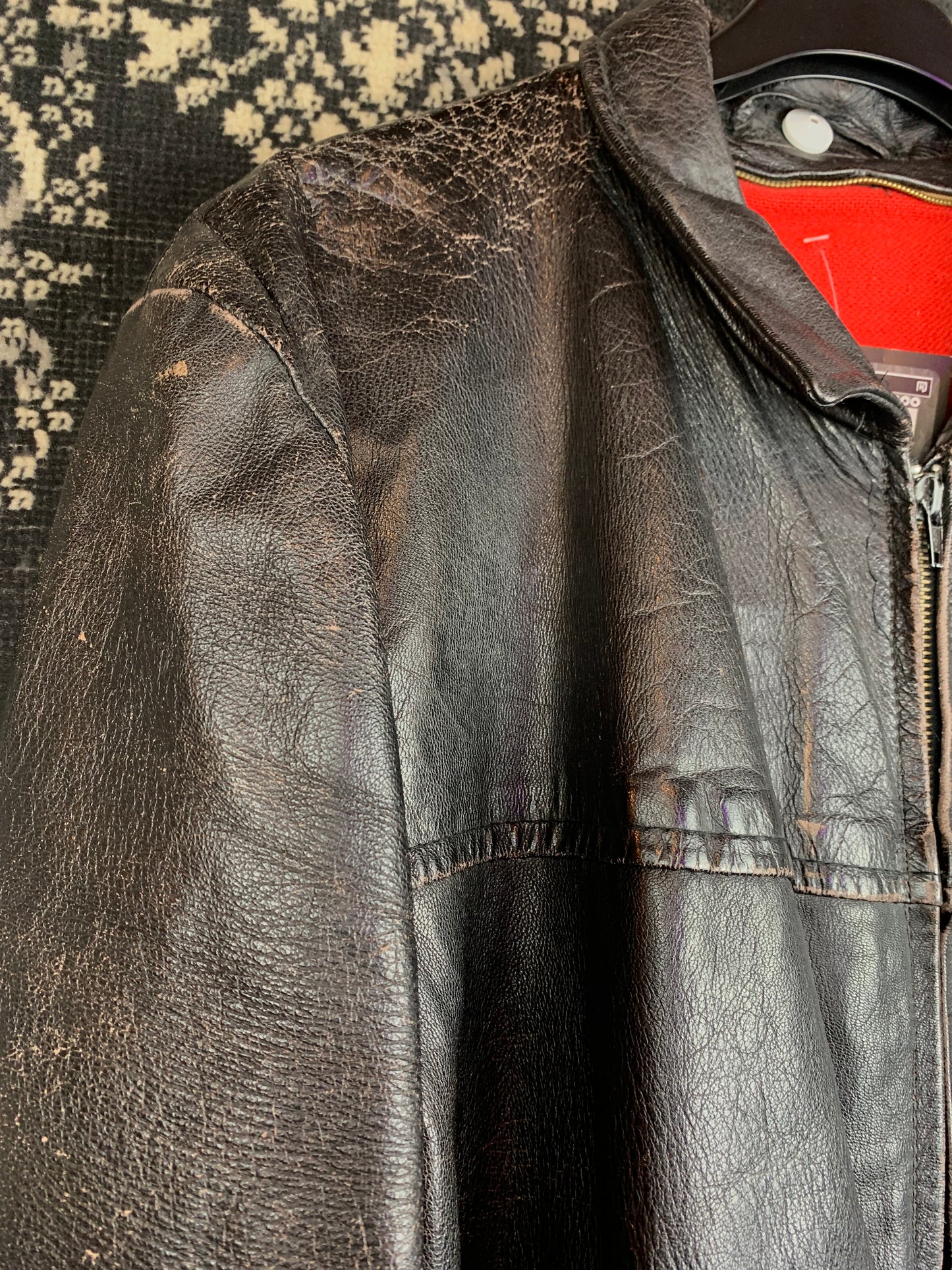 Vintage Black Leather Zip-Up Jacket with Stand Collar