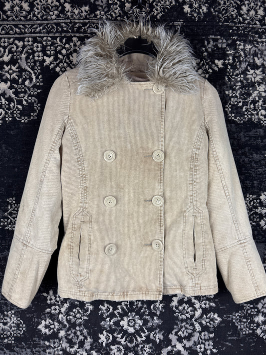 Women's Y2K Beige Corduroy Jacket with Faux Fur Trim