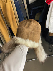 Brown Suede Genuine Fur Trim Trapper Hat Winter Warm Unisex