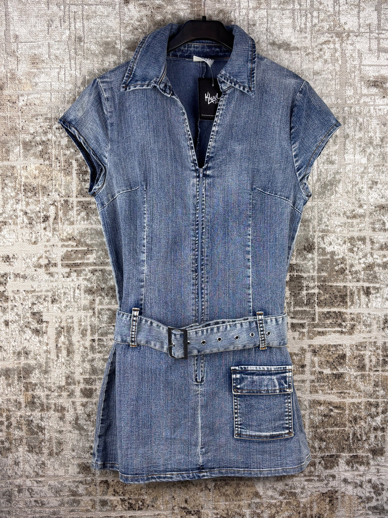 Womens Y2K Denim Belted Mini Dress