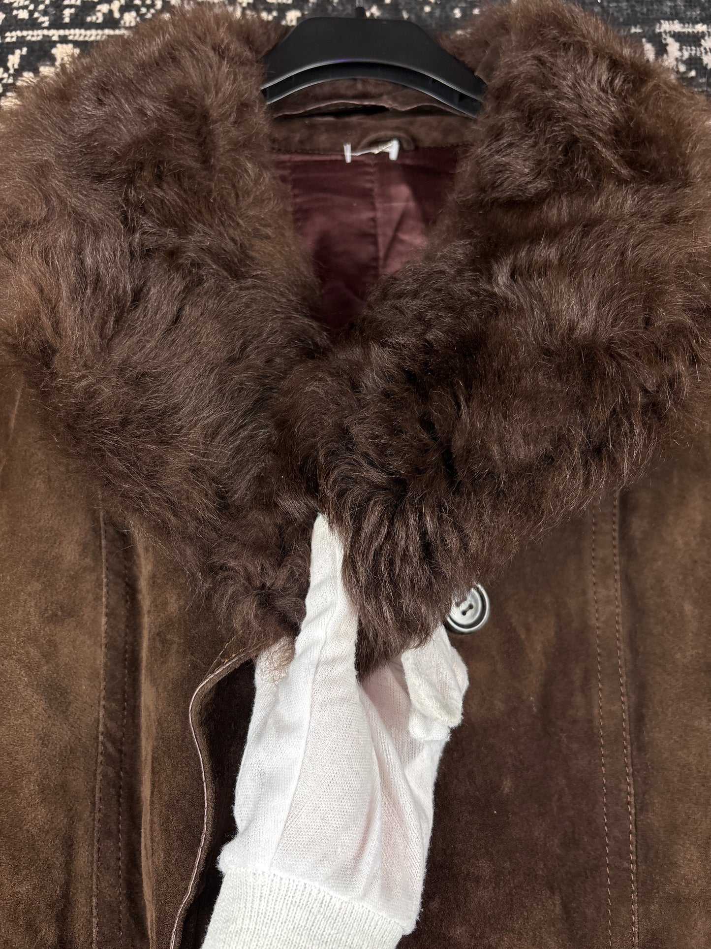Unisex Vintage Dark Brown Suede Coat with Faux Fur Trim