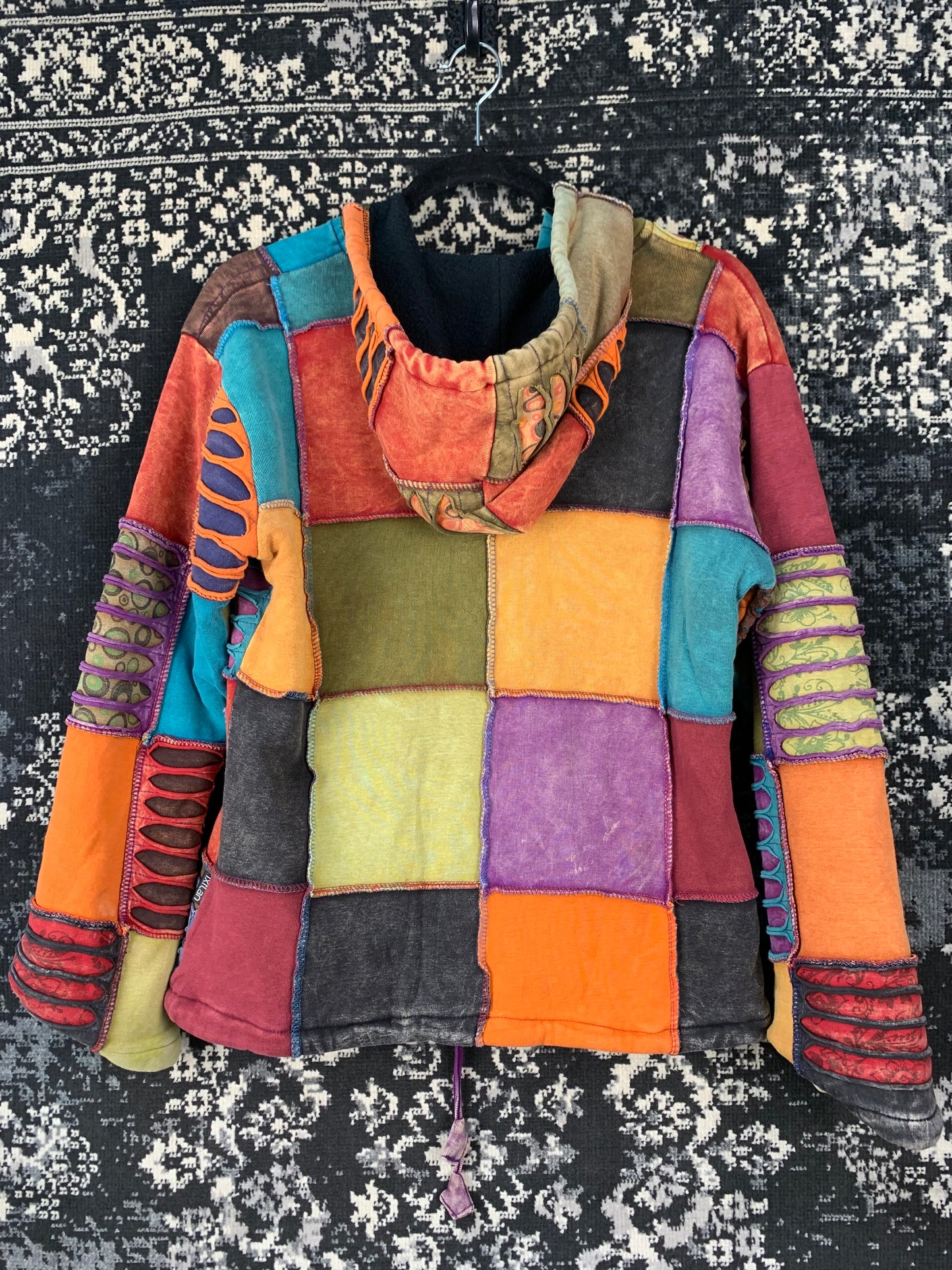 Womens Y2K Hippie Style Nepal Patchwork Zip Up Hoodie