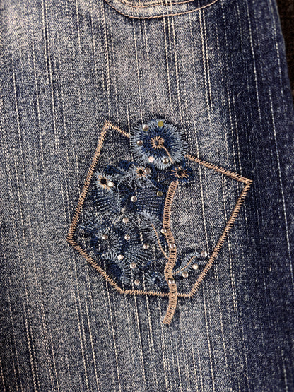 Womens Y2K Blue Denim Two Piece Set Embroidered Beaded Jacket