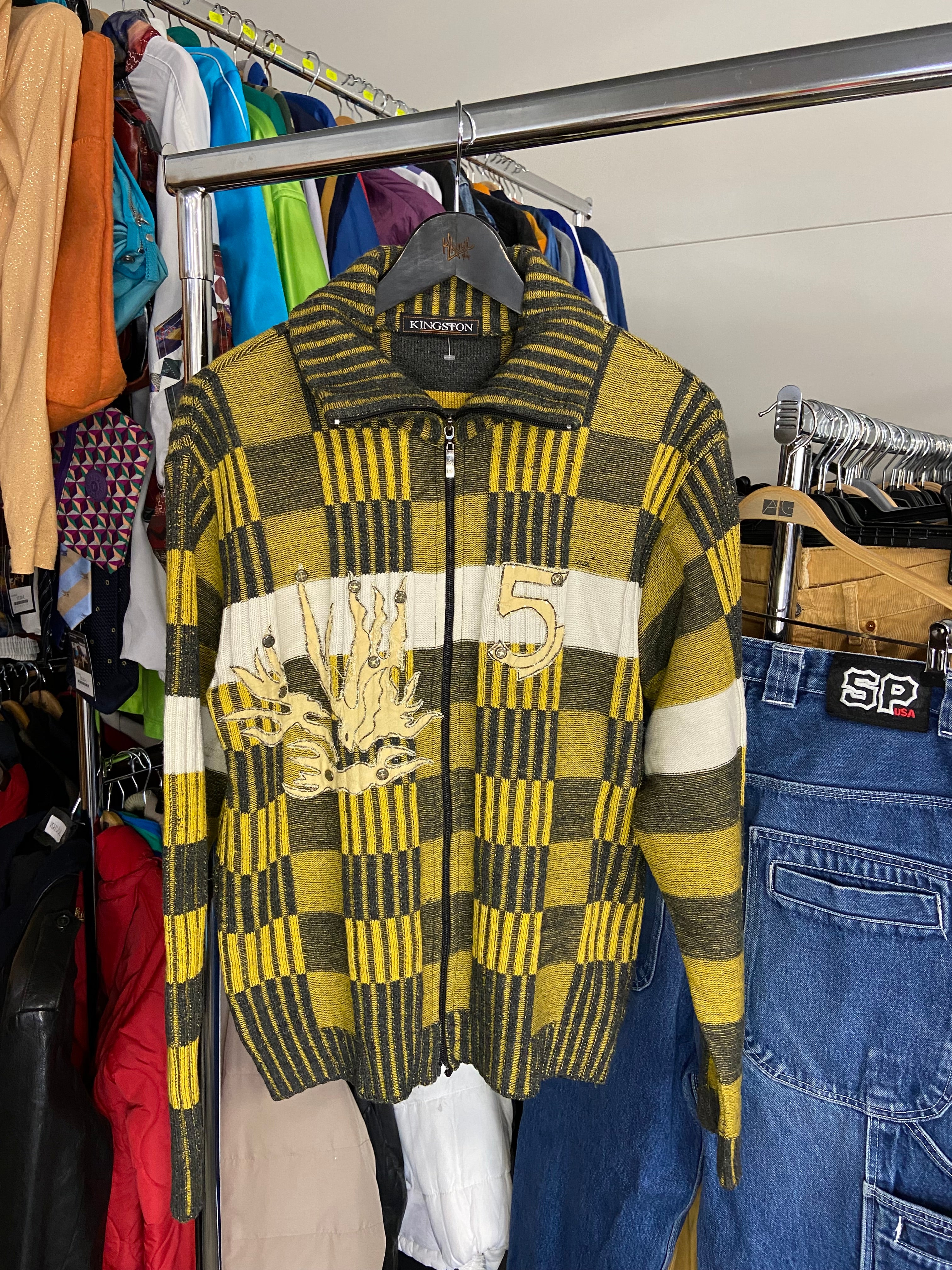 Vintage Kingston Sweater Yellow Y2K Style Mens M Big Logo Cotton Zip Up