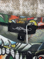 Ed Hardy Tattoo Print Mesh Long Sleeve Top