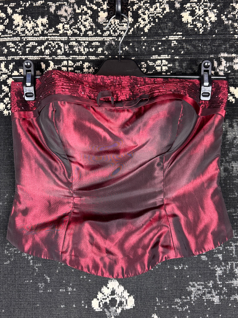 Women's Vintage Burgundy Shiny Corset Top With Beaded Front Detail