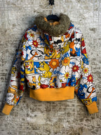 Raw Blue Y2K Cartoon Print Fur-Hood Puffer Jacket