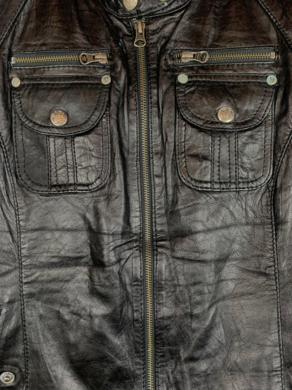 Black Moto-Style Leather Jacket with Zip Pockets