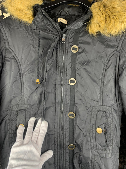 Women's Y2K Style Black Puffer Jacket with Faux Fur Trim