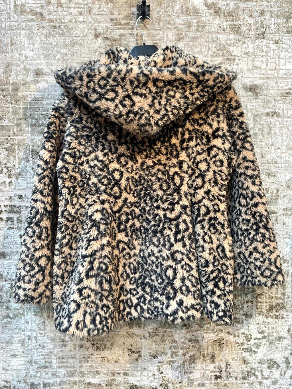 KoZo Leopard Print Hooded Faux Fur Jacket