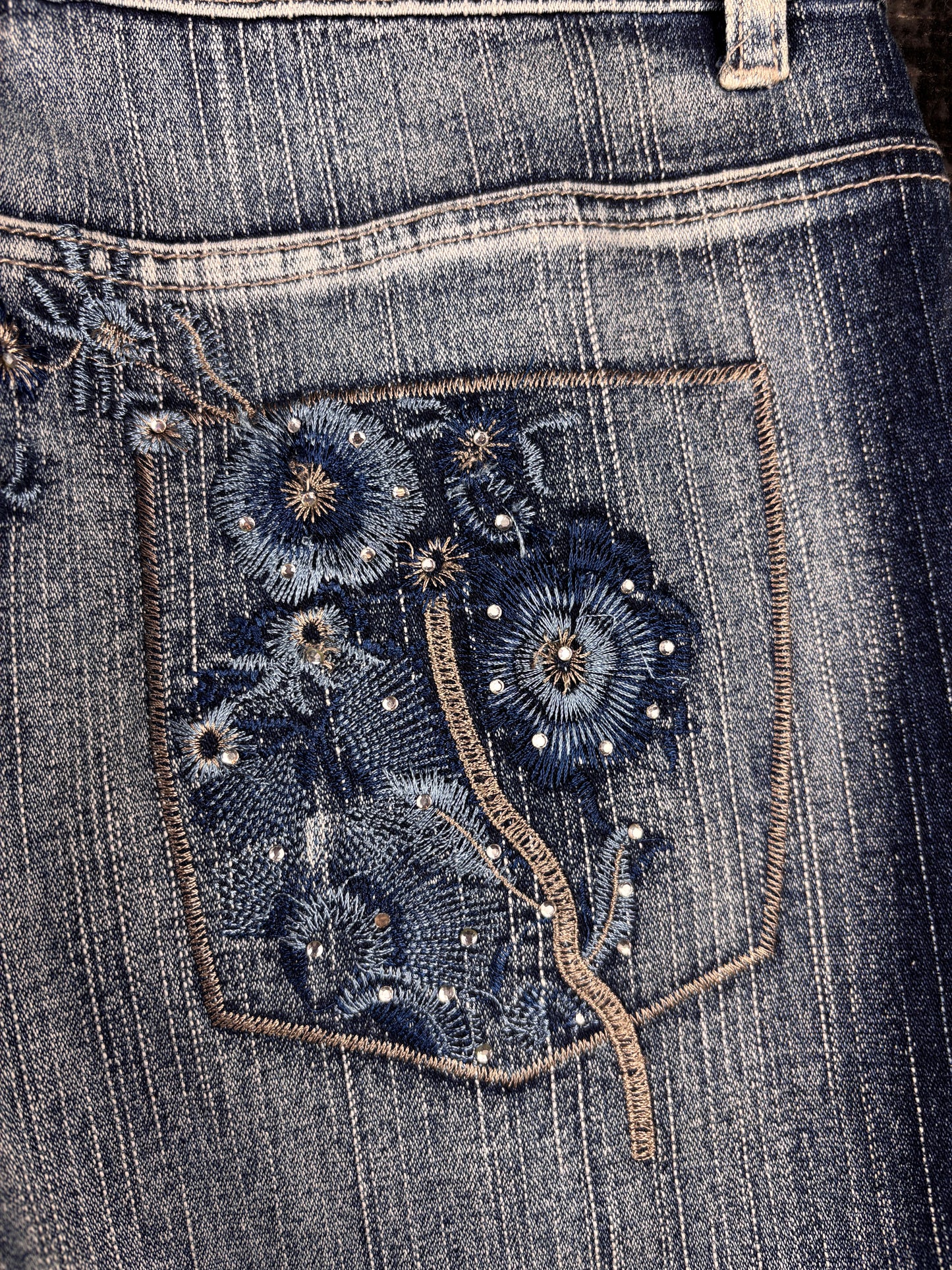 Womens Y2K Blue Denim Two Piece Set Embroidered Beaded Jacket