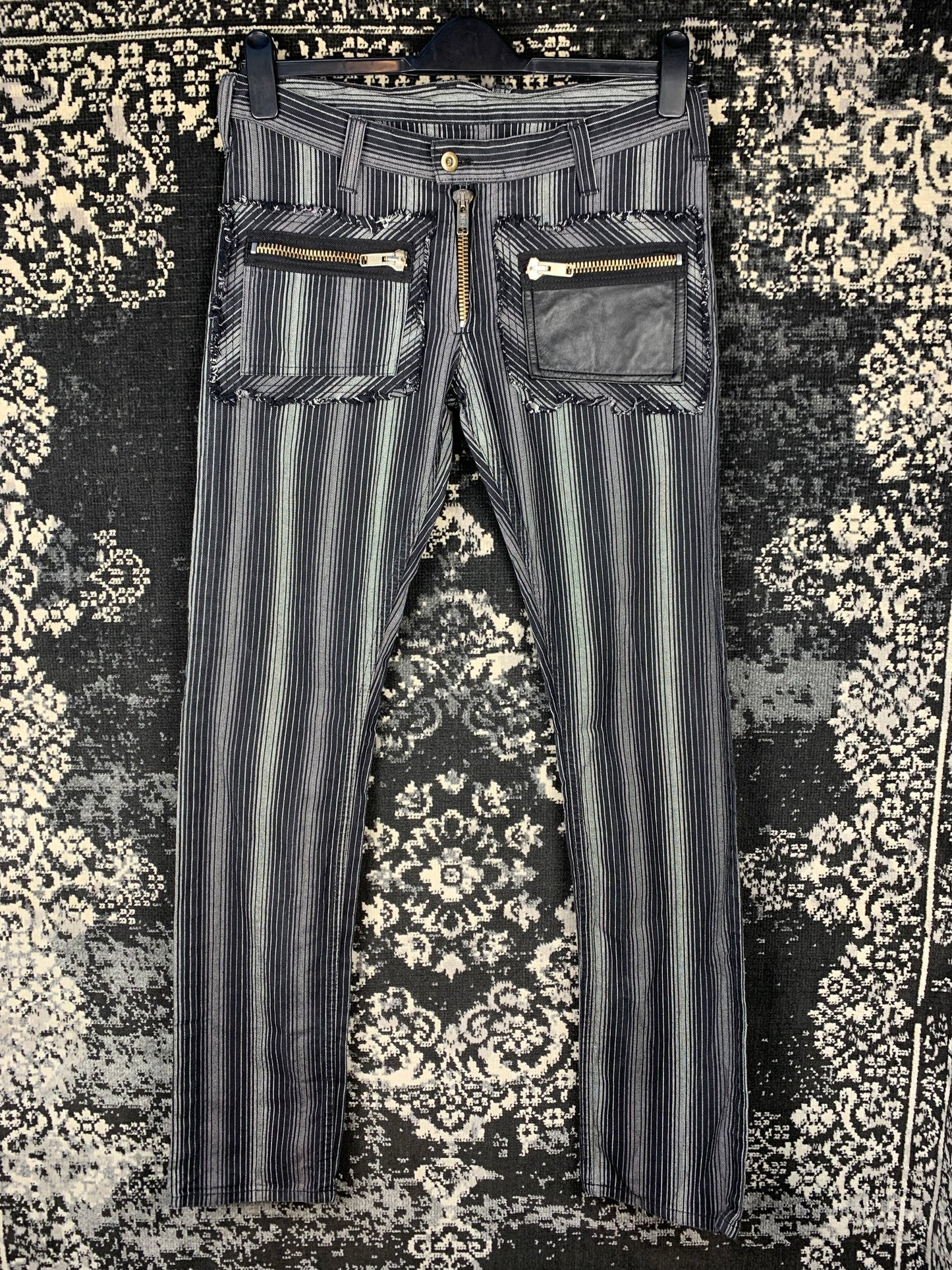 Unisex Vintage Black Gray Striped Jeans