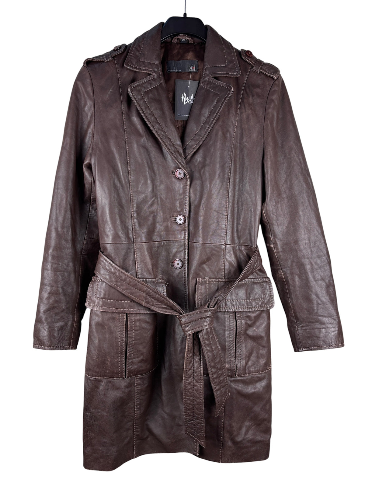 Women's Vintage Dark Brown Genuine Leather Belted Coat
