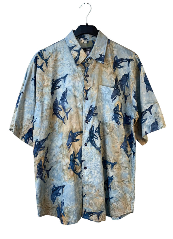 Mens Y2K Fish Print Blue Beige Button Up Shirt
