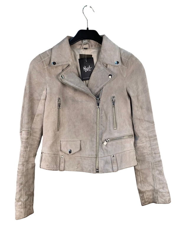 Womens Ash Beige Cropped Leather Jacket