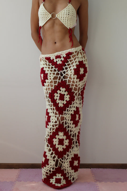 Handmade Crochet Granny Square Adjustable Maxi Skirt