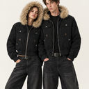 Y2K Cropped Fur Hood Bomber Black