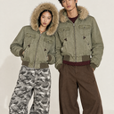 Y2K Cropped Fur Hood Bomber Olive