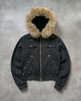 Y2K Cropped Bomberjacke mit Kunstfell-Kapuze Schwarz