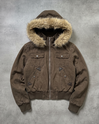 Y2K Cropped Bomberjacke mit Kunstfell-Kapuze Braun